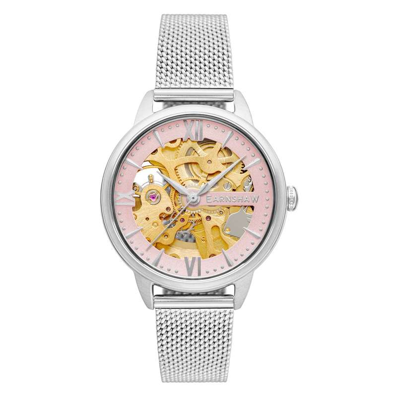 ***lOOk*** rrp: R6,500.00 THOMAS EARNSHAW Women`s AUTOMATIC Skeleton Warm Pink Silver Milanese Watch