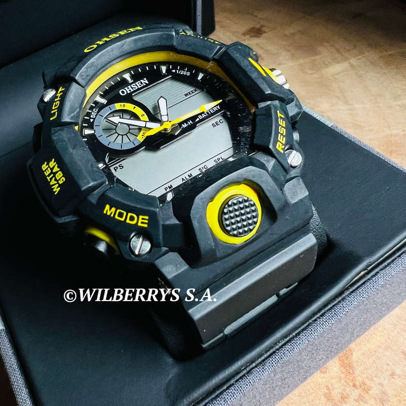 OHSEN Men`s SHOCK PROOF MUD GATOR 50m Black Silicone Watch BRAND NEW