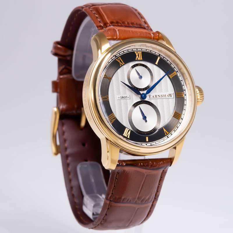 wow rrpR6,500.00 THOMAS EARNSHAW Mens LONGITUDE MULTI-FUNCTION GOLD PINSTRIPE ENGLISH LEATHER Watch