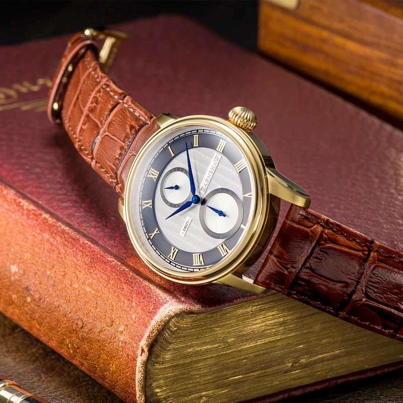wow rrpR6,500.00 THOMAS EARNSHAW Mens LONGITUDE MULTI-FUNCTION GOLD PINSTRIPE ENGLISH LEATHER Watch