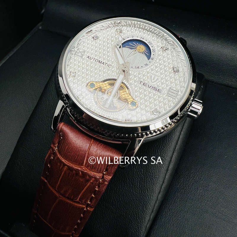 Retail: R2,899.00 TEVISE ® Mens Namura II Moonphase 45mm Tourbi Automatic Leather Watch BRAND NEW