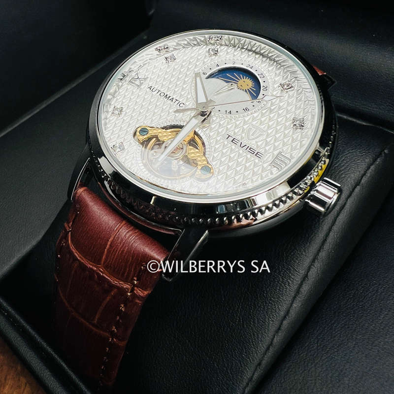 Retail: R2,899.00 TEVISE ® Mens Namura II Moonphase 45mm Tourbi Automatic Leather Watch BRAND NEW