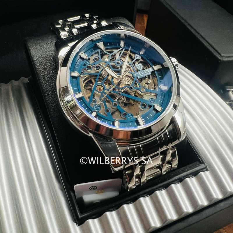 TEVISE ® Men`s Skeleton II Classic Steel Silver/blue Watch BRAND NEW