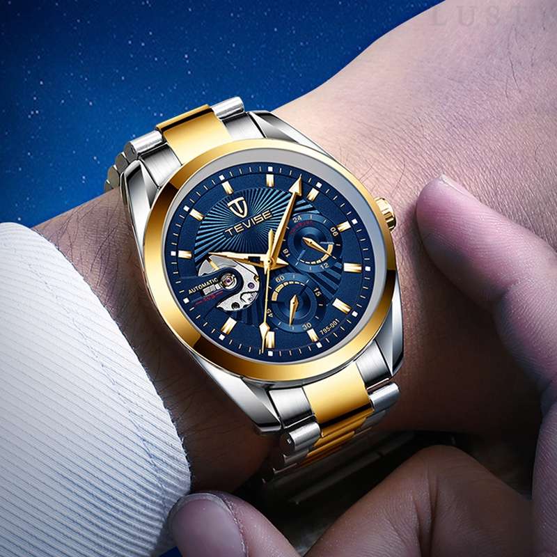 Retail: R2,399.00 TEVISE® Men`s Classic Automatic Partial Skeleton Two Tone/Blue Watch
