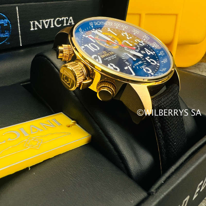 look!! INVICTA Mens RUSSIAN LEFTY 18k Gold Plated Aviator Chronograph Horizon Blue CANVAS Watch
