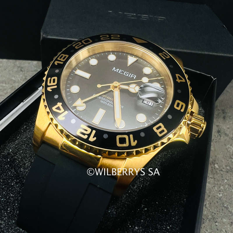 Retail: R2,499.00 MEGIR PREMIUM Mens GMT Date 43mm Stainless Steel Gold / Silicone Strap Watch NEW