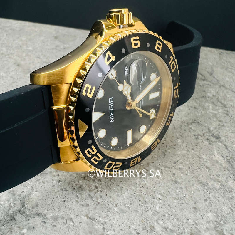 Retail: R2,499.00 MEGIR PREMIUM Mens GMT Date 43mm Stainless Steel Gold / Silicone Strap Watch NEW