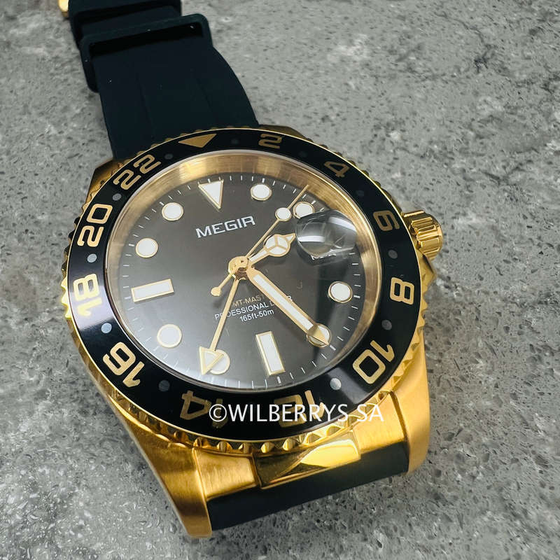 Retail: R2,499.00 MEGIR PREMIUM Mens GMT Date 43mm Stainless Steel Gold / Silicone Strap Watch NEW