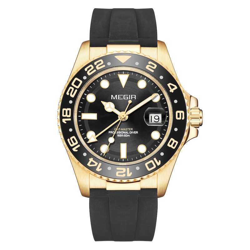 Retail: R2,499.00 MEGIR PREMIUM Mens GMT Date 43mm Stainless Steel Gold / Silicone Strap Watch NEW