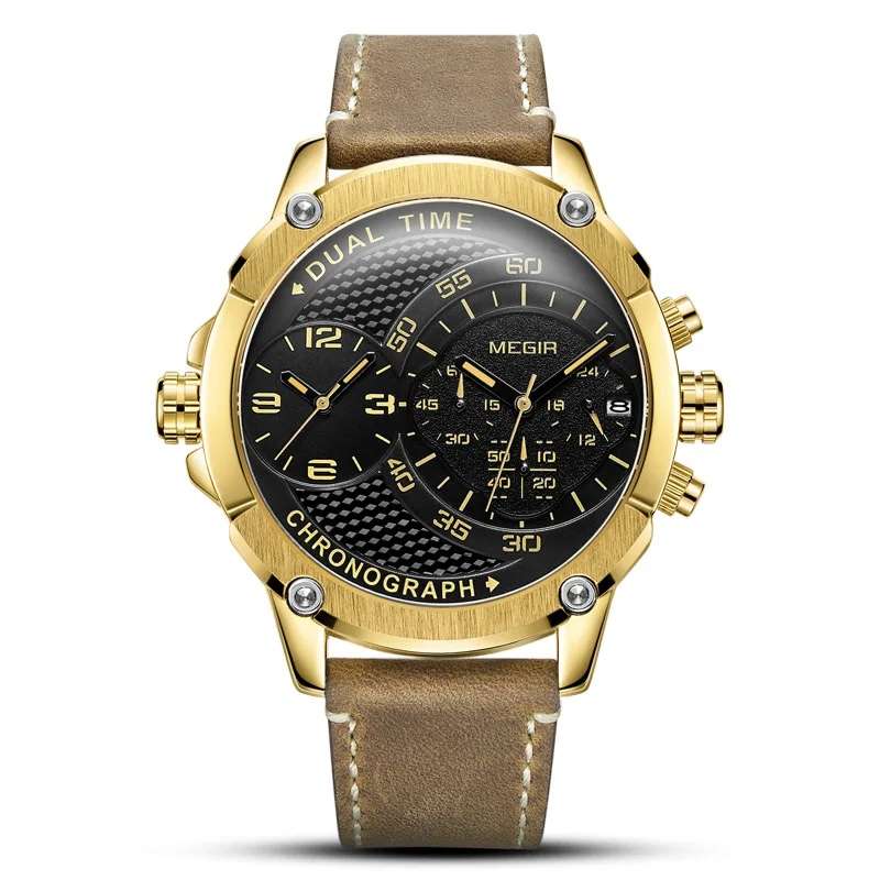Retail: R1,699.00 MEGIR Men`s Giant Chronograph Dual Time 48mm Gold / Brown Leather Watch BRAND NEW