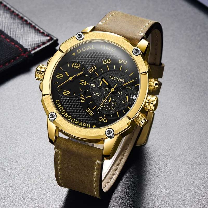 Retail: R1,699.00 MEGIR Men`s Giant Chronograph Dual Time 48mm Gold / Brown Leather Watch BRAND NEW