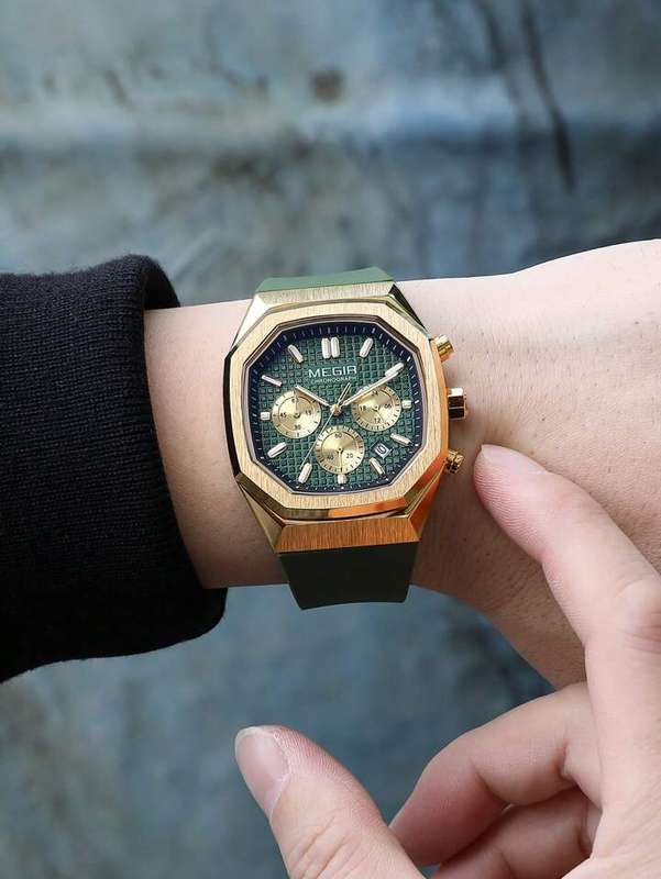 Retail: R1,499.00 MEGIR Men`s Oaki Chronograph Gold / Green Watch BRAND NEW