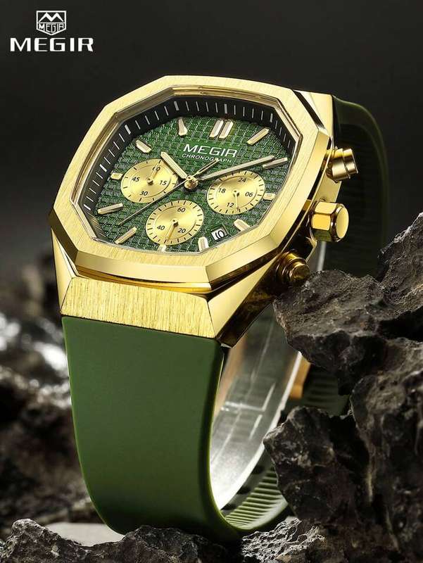 Retail: R1,499.00 MEGIR Men`s Oaki Chronograph Gold / Green Watch BRAND NEW