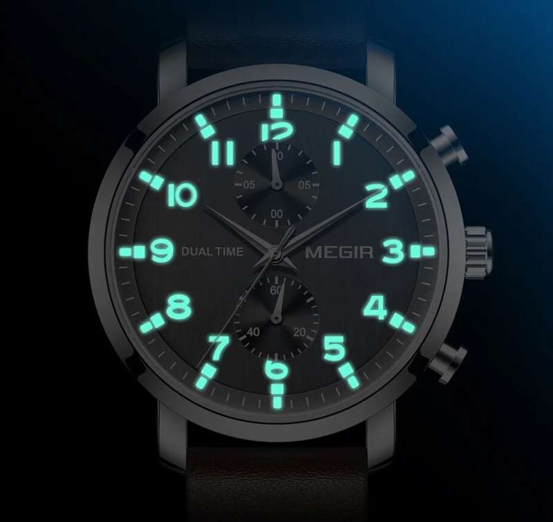 Retail: R1,699.00 MEGIR Men`s Dual Time Chronograph Date 42mm Ionic Black / Leather Watch