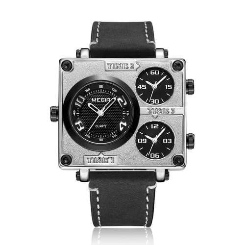 Retail: R1,699.00 MEGIR Mens Pilot Big Tick Triple Time Zone 48mm Silver / Black Leather  BRAND NEW