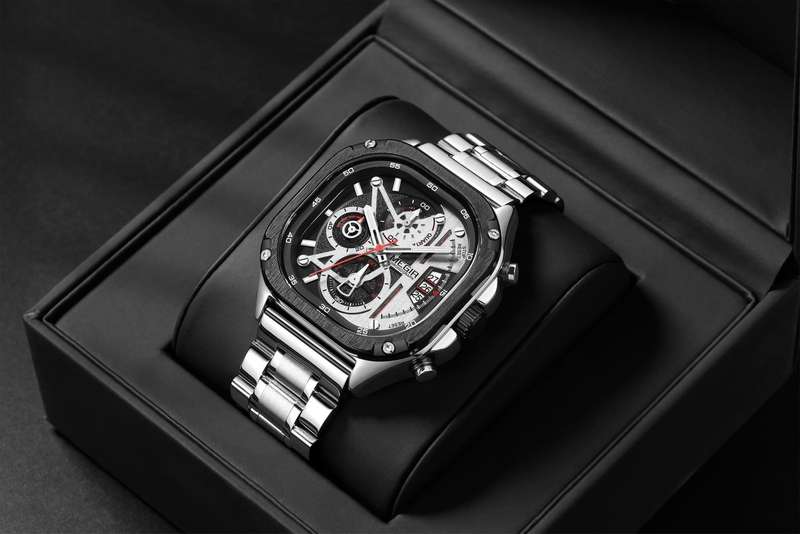 Retail: R1,599.00 MEGIR Mens SQUARE-X Chronograph silver / black Watch BRAND NEW