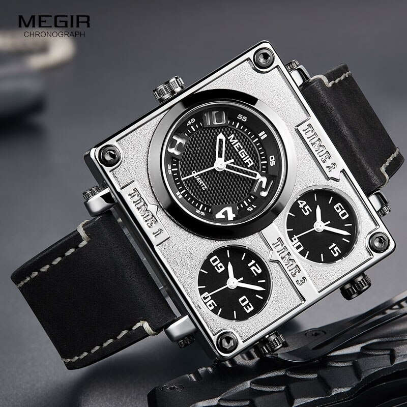 Retail: R1,699.00 MEGIR Mens Pilot Big Tick Triple Time Zone 48mm Silver / Black Leather  BRAND NEW