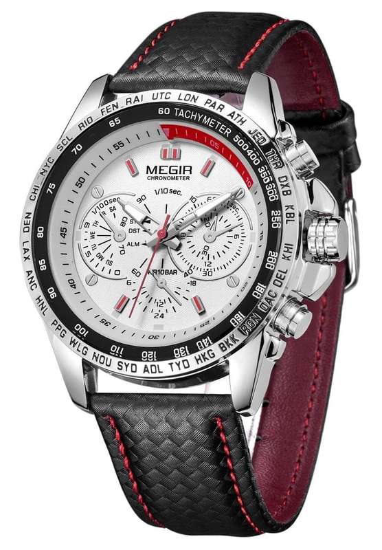 MEGIR Mens Chronometer Date 45mm Watch Silver / White NEW