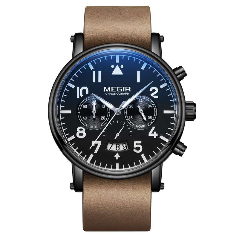 MEGIR Men`s Big Pilot Chronograph Date 45mm Ionic Black / Brown Leather Watch