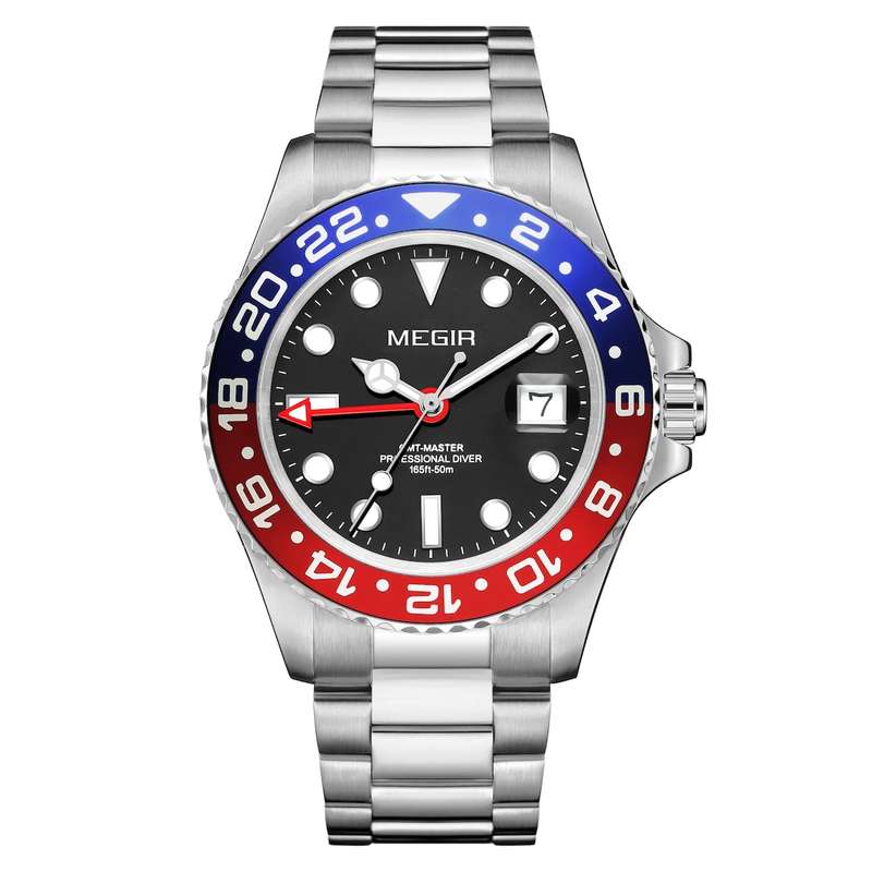 Retail: R2,499.00 MEGIR ELITE Men`s GMT Date 43mm Stainless Steel Pepsi Oyster Bracelet Watch NEW!!