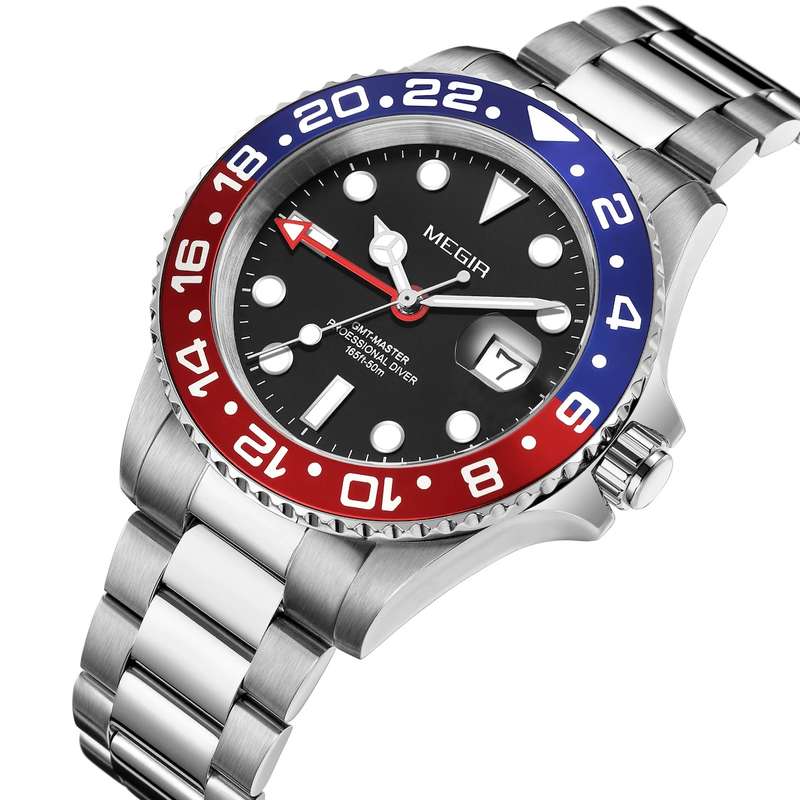 Retail: R2,499.00 MEGIR ELITE Men`s GMT Date 43mm Stainless Steel Pepsi Oyster Bracelet Watch NEW!!