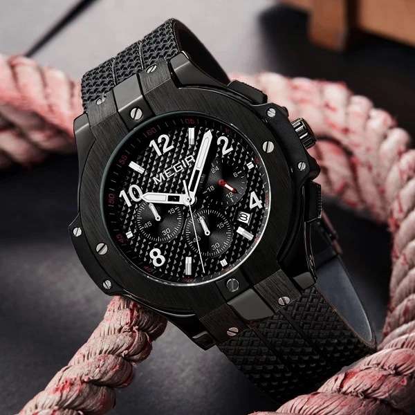 MEGIR Men`s Night Dweller Chronograph Date 48mm Silicone Strap Watch Black / Black