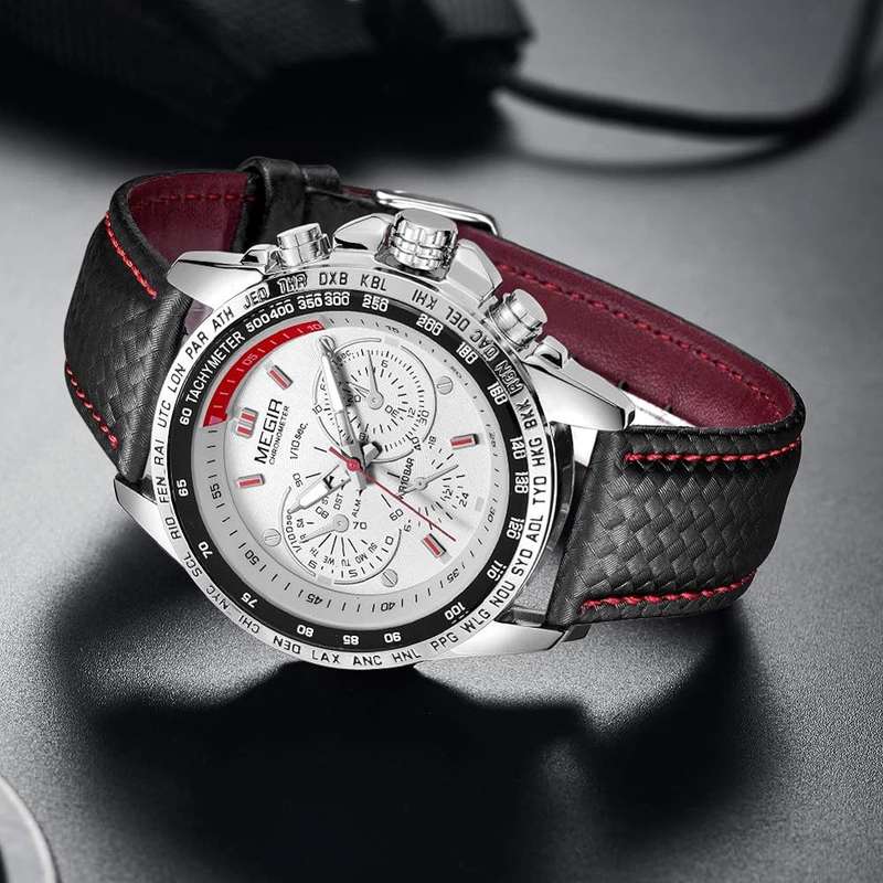 MEGIR Mens Chronometer Date 45mm Watch Silver / White NEW