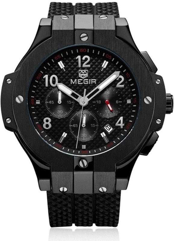 MEGIR Men`s Night Dweller Chronograph Date 48mm Silicone Strap Watch Black / Black