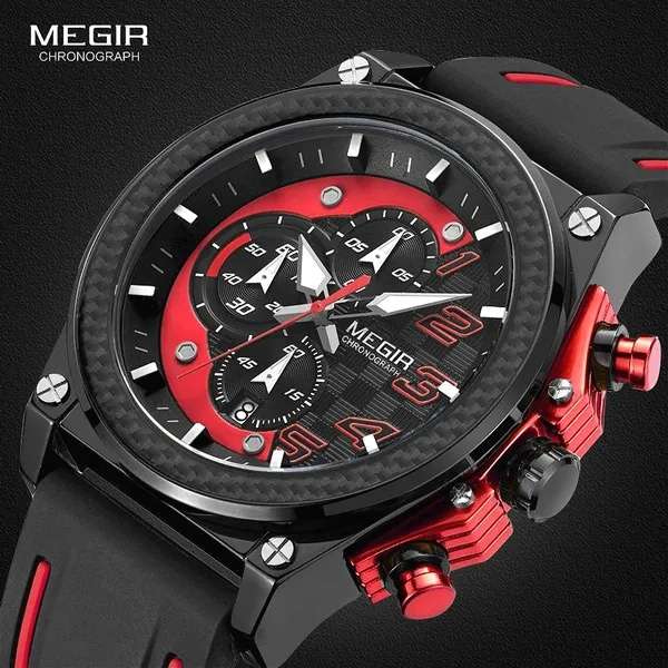 MEGIR Men`s Racer Chronograph Date 45mm Black/Red Silicone Strap Watch