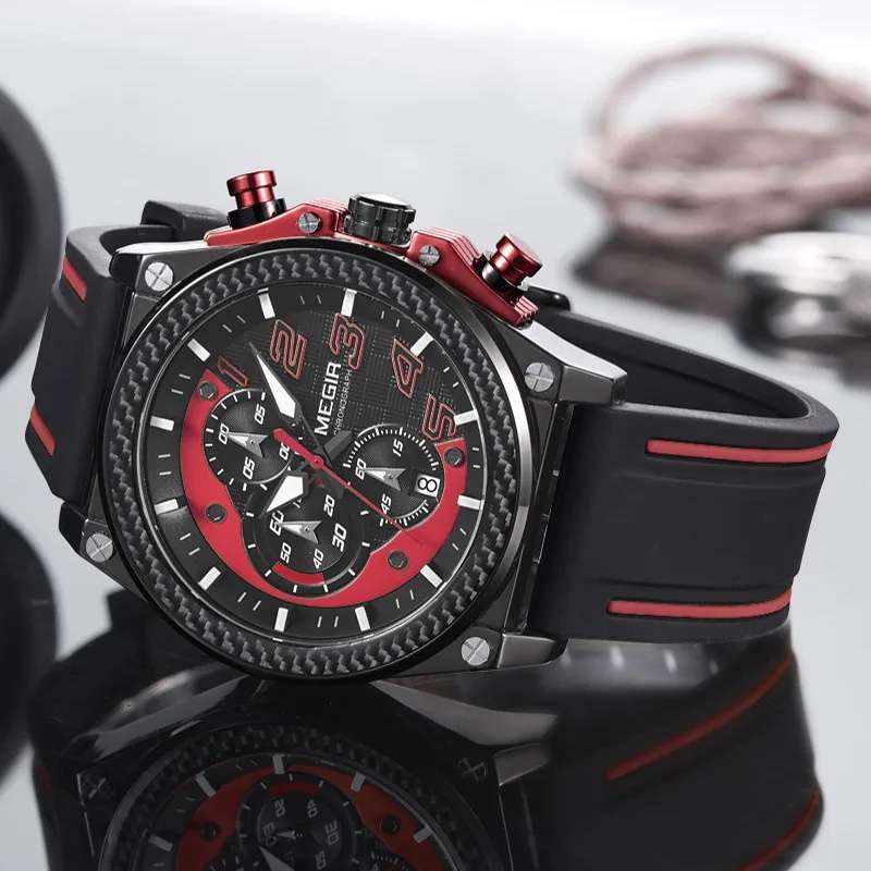 MEGIR Men`s Racer Chronograph Date 45mm Black/Red Silicone Strap Watch