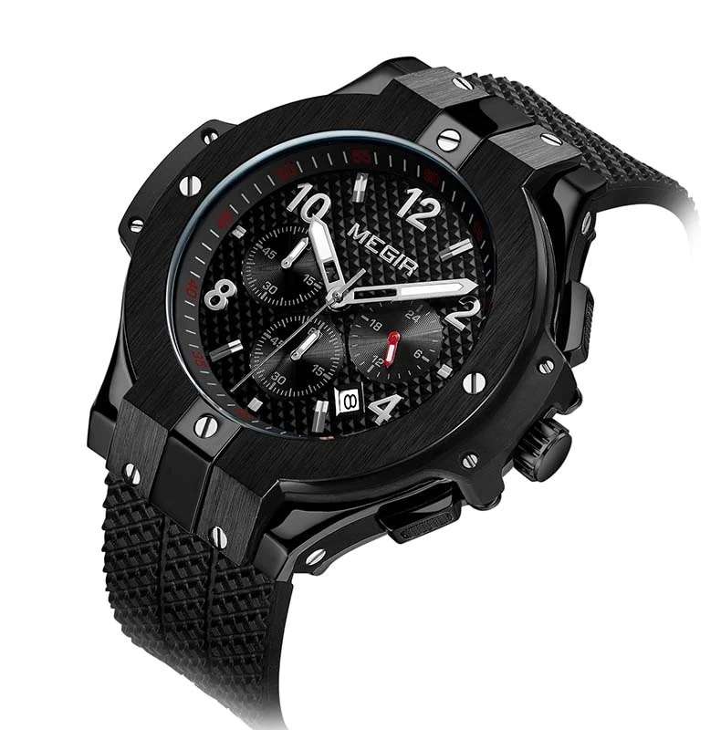 MEGIR Men`s Night Dweller Chronograph Date 48mm Silicone Strap Watch Black / Black