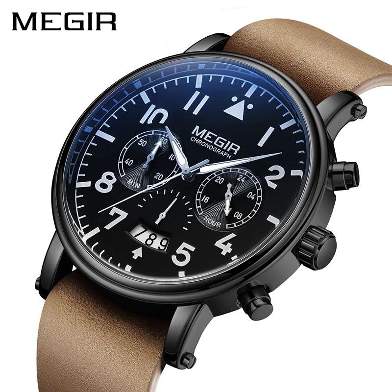 MEGIR Men`s Big Pilot Chronograph Date 45mm Ionic Black / Brown Leather Watch