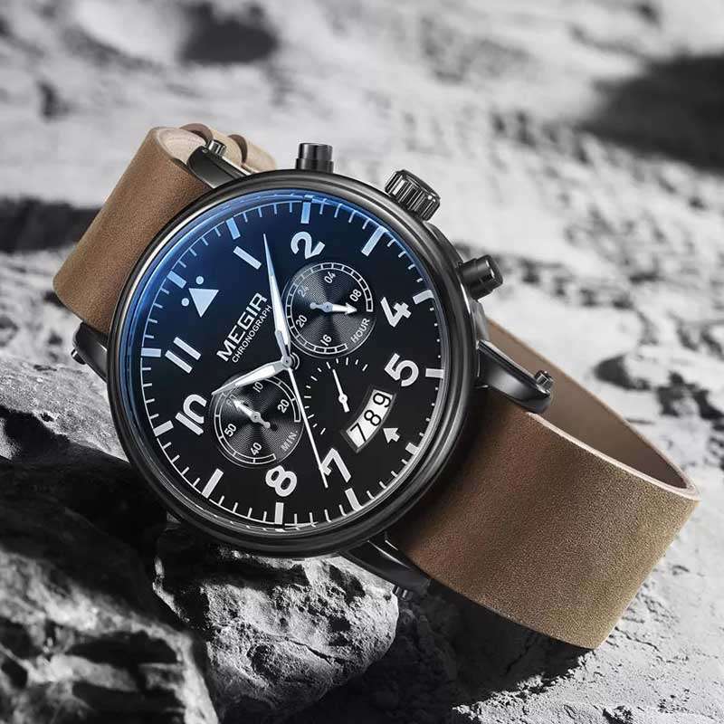 MEGIR Men`s Big Pilot Chronograph Date 45mm Ionic Black / Brown Leather Watch