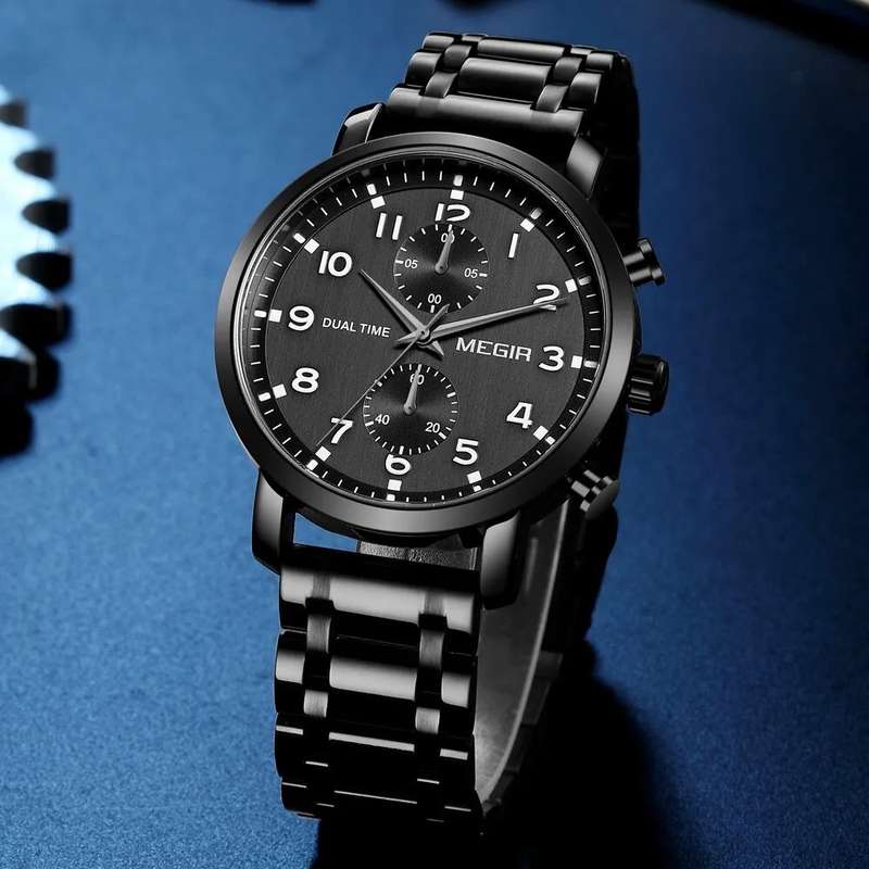Retail: R1,399.00 MEGIR Men`s Dual Time Chronograph Date 42mm Ionic Stainless Steel Bracelet Watch