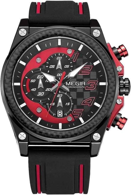 MEGIR Men`s Racer Chronograph Date 45mm Black/Red Silicone Strap Watch