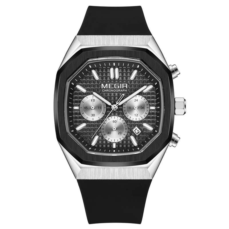 Retail: R1,499.00 MEGIR Mens OAKI Chronograph Silver / Black Watch BRAND NEW