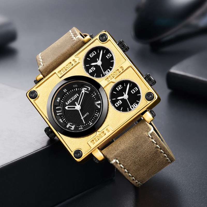 Retail: R1,699.00 MEGIR Mens Pilot Big Tick Triple Time Zone 48mm Gold / Brown Leather Watch NEW