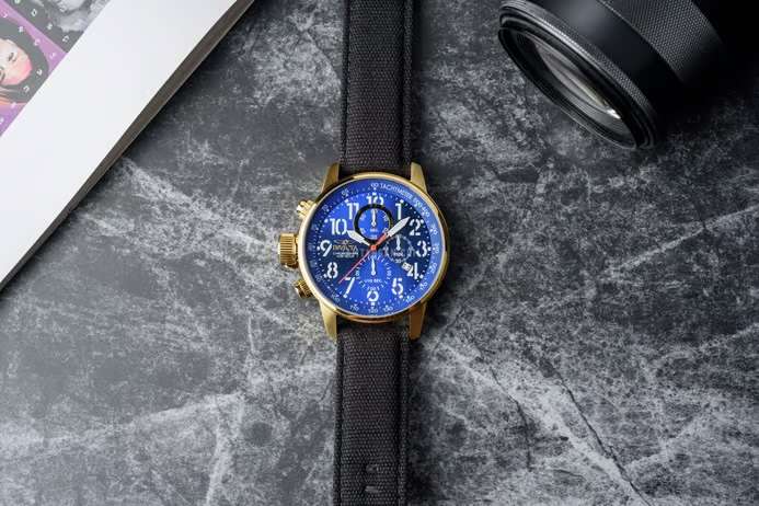 look!! INVICTA Mens RUSSIAN LEFTY 18k Gold Plated Aviator Chronograph Horizon Blue CANVAS Watch