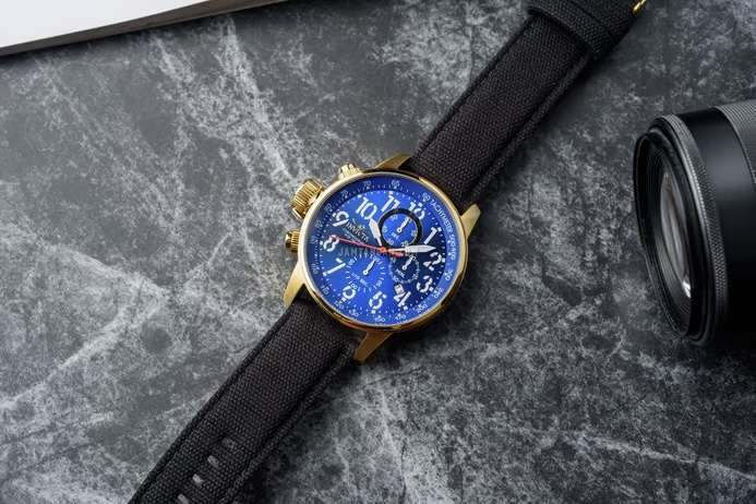 look!! INVICTA Mens RUSSIAN LEFTY 18k Gold Plated Aviator Chronograph Horizon Blue CANVAS Watch