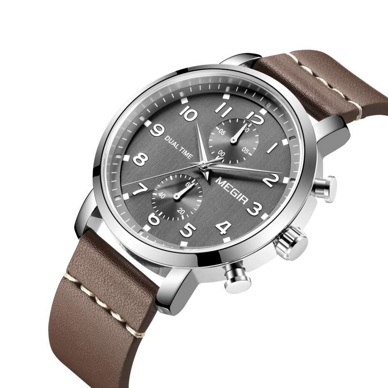Retail: R1,699.00 MEGIR Men`s Dual Time Chronograph Date 42mm Ionic Black / Leather Watch