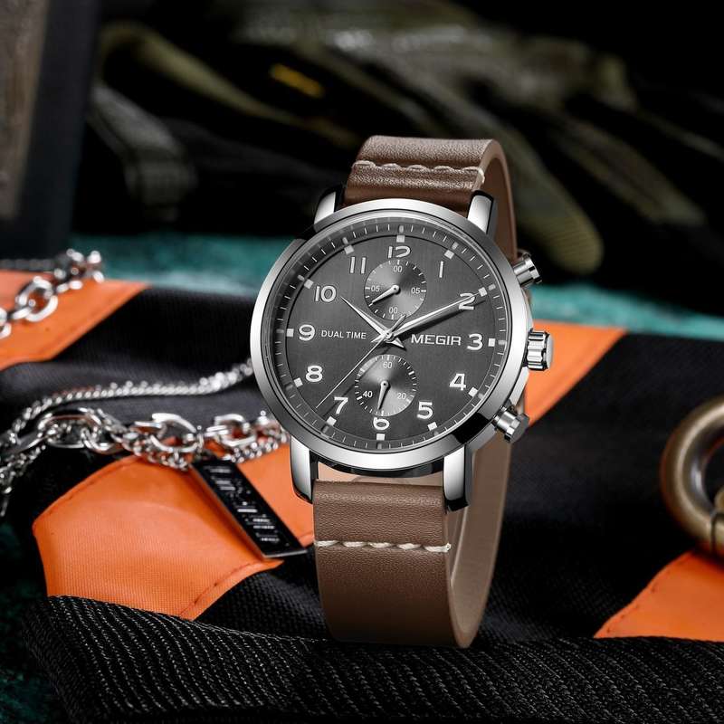 Retail: R1,699.00 MEGIR Men`s Dual Time Chronograph Date 42mm Ionic Black / Leather Watch