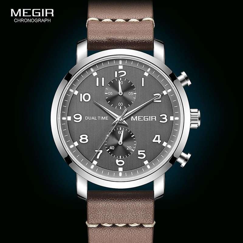 Retail: R1,699.00 MEGIR Men`s Dual Time Chronograph Date 42mm Ionic Black / Leather Watch