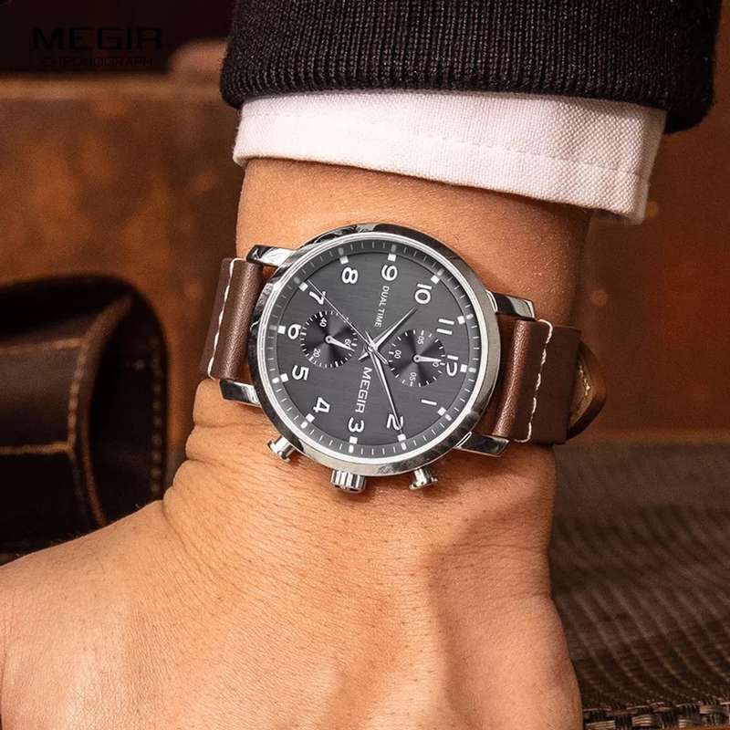 Retail: R1,699.00 MEGIR Men`s Dual Time Chronograph Date 42mm Ionic Black / Leather Watch