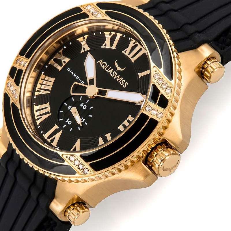 Retail: $1495 /R18,000.00 Aquaswiss Women Bolt L with 22 Diamonds 18K Gold Plating Silicone Band