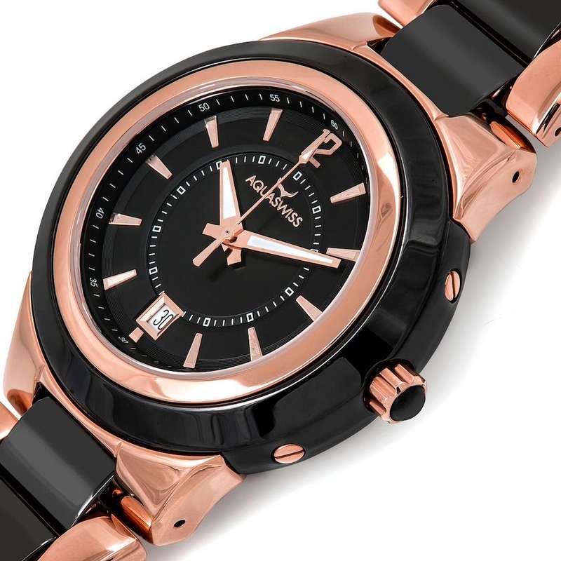 Retail: R12,000.00 Aquaswiss Women's C91M Rose gold Plated and Ceramic Black Watch OFFICIAL