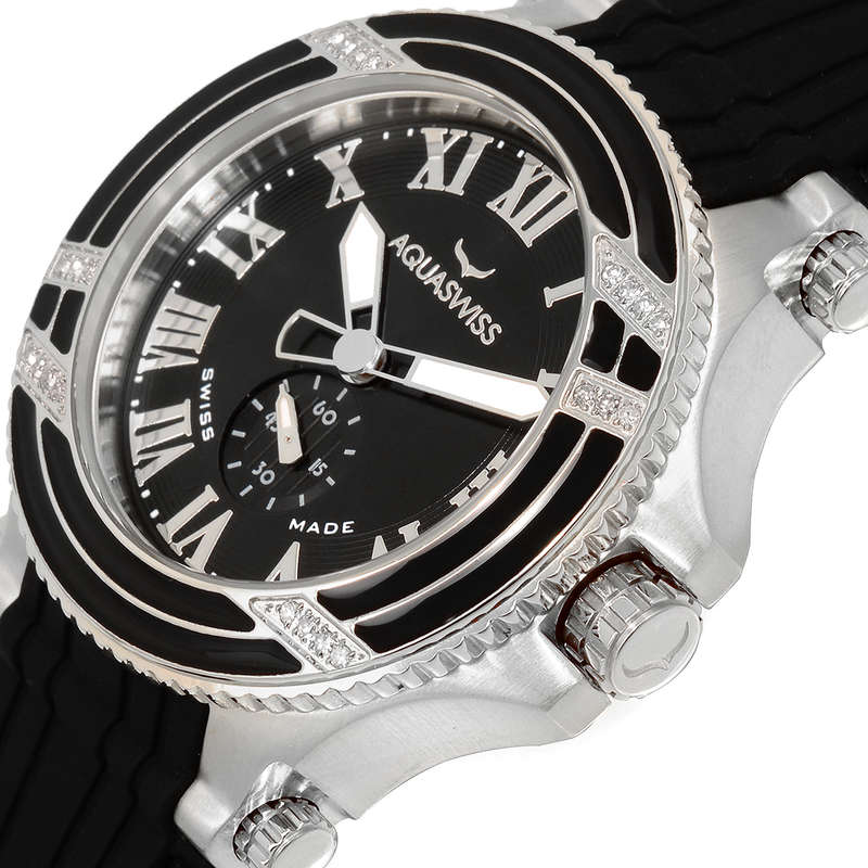 Retail: $1495 /R18,000.00 Aquaswiss Womens Bolt L Diamond Watch Silver and Black Silicone Band