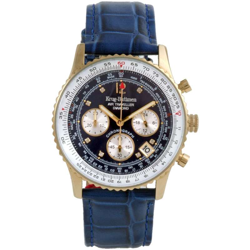 Retail: £775/ R12,975.00 Krug-Baumen Mens Air Traveller Diamond 40mm Blue Leather Chornograph Watch