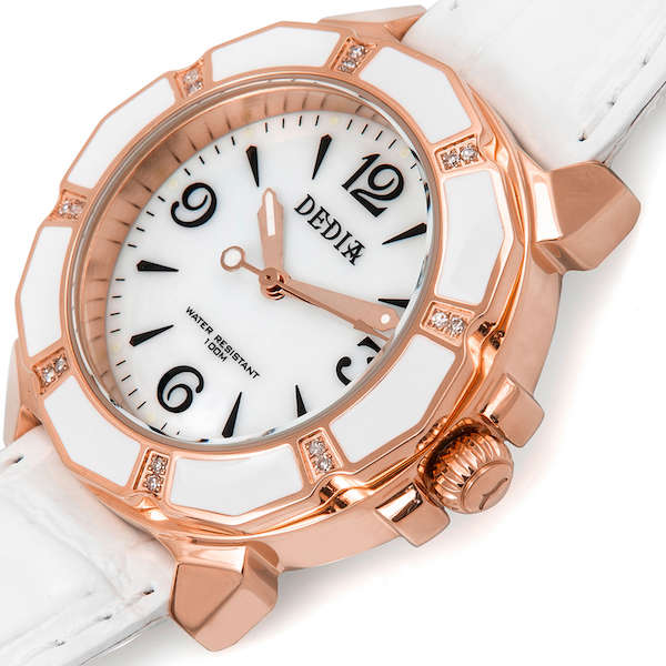 RRP: R18,000.00 Dedia Women's Lilly with 16 Diamonds Watch Rose Gold/White Leather OFFICIAL