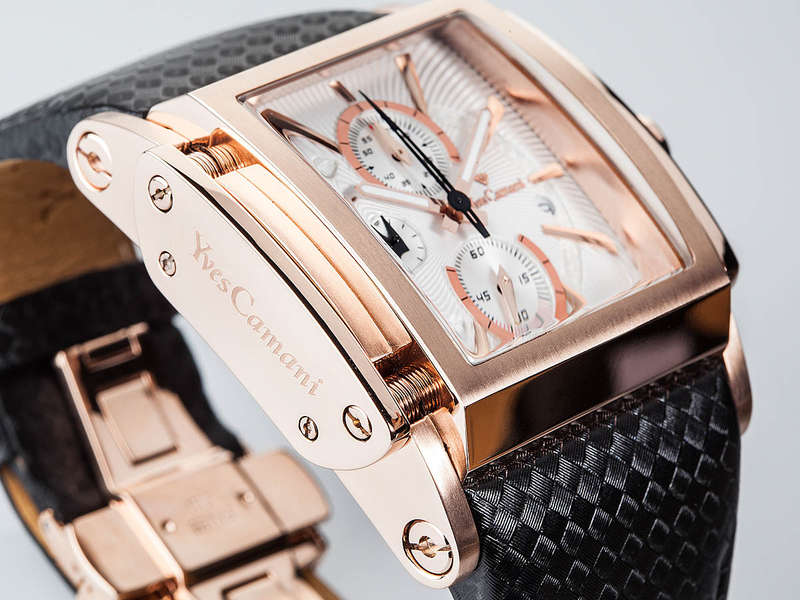 YVES CAMANI Men's Escaut Black/Rose Gold Plated Chrono with Carbon Fibre Leather Watch + Gold Tin