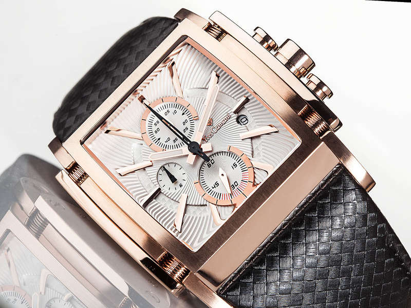 YVES CAMANI Men's Escaut Black/Rose Gold Plated Chrono with Carbon Fibre Leather Watch + Gold Tin